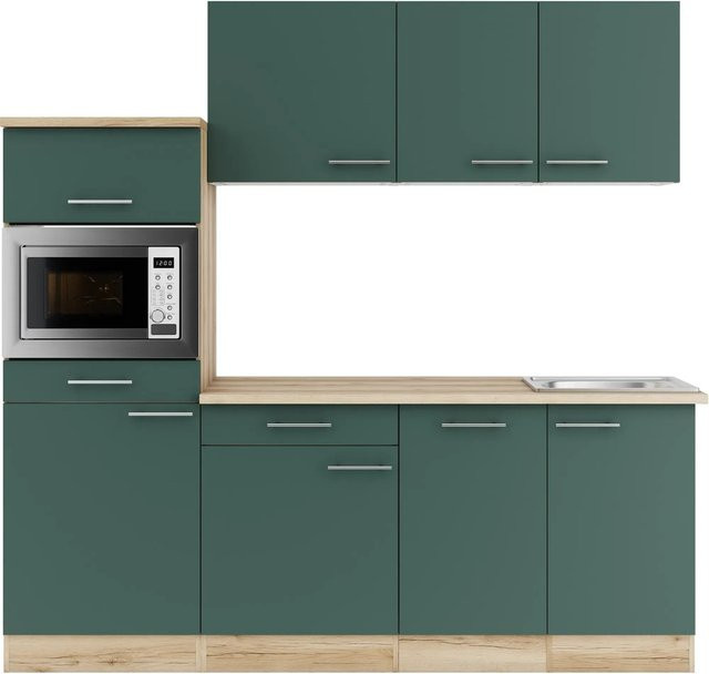 OPTIFIT Savona405 Küchenzeile in Steingrün mit modernem Design und melaminbeschichteter Qualitätsspanplatte, Breite: 210 cm, Tiefe: 55 cm, Höhe: 82 cm - Bild 1