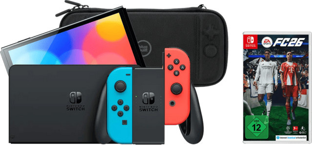 Nintendo Switch OLED Handheld Konsole Blau/Rot inklusive EA Sports FC 26 und BlueBuilt Schutzhülle - Bild 1