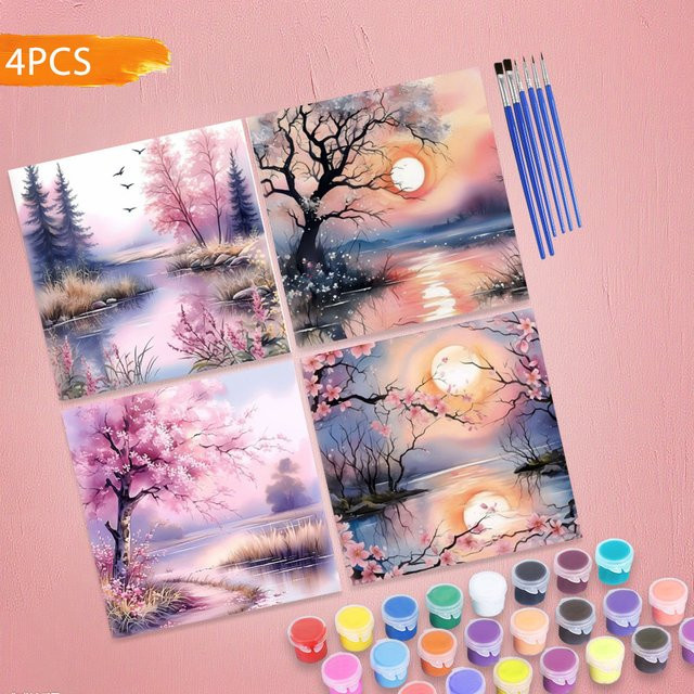 HUACAN Ölgemälde nach Zahlen Kirschblüten Landschaft, 4-teiliges Set, Leinwand - Bild 1