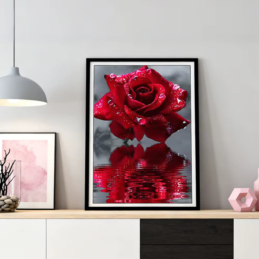 HUACAN Diamant-Gemälde Set mit Blumen und Schmetterling in Rot, rundes Diamant-Mosaik mit Strasssteinen, Durchmesser: 30 cm - Bild 3