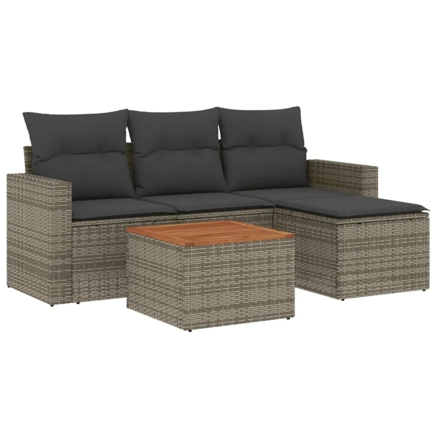 vidaXL 5-tlg Garten-Sofagarnitur aus Poly-Rattan und Akazienholz in Grau mit Kissen Modell 27 - Bild 2
