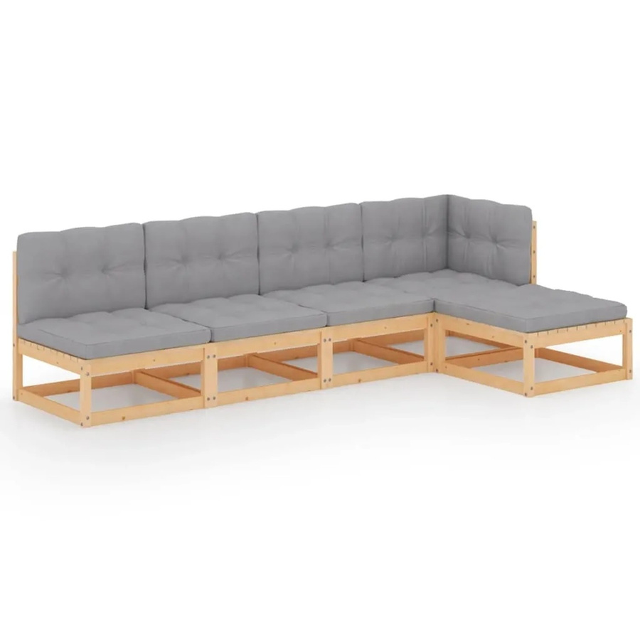 vidaXL 5-tlg Garten-Lounge-Set aus massivem Kiefernholz in L-Form mit grauen Polstern - Bild 2