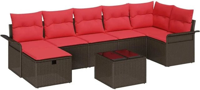 vidaXL Gartensofa-Set aus Poly-Rattan in Braun und Rot mit 8 Kissen und Armlehnen - Bild 1