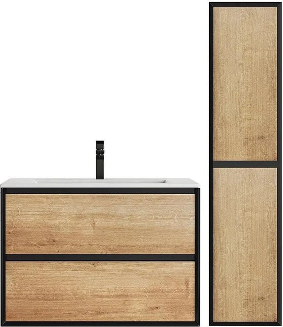 Vente-unique Badmöbel-Set Lannick mit Waschbeckenunterschrank, Einbauwaschbecken und Badhochschrank in Schwarz und Naturfarben Hell, Breite: 80 cm - Bild 1