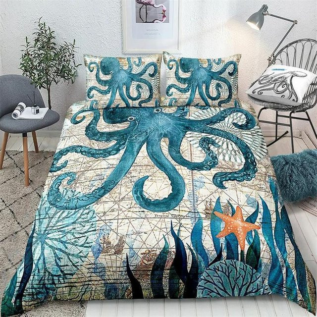 Bettwäsche Set Binchi Fitness Meeresschildkröten Design in Türkis mit Duvetbezug und Kissenbezug, Mediterraner Ozean Stil, B/H: 135 x 200 cm - Bild 1