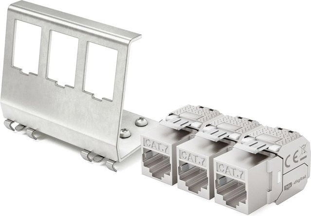 hb-digital Hutschienenadapter 3 Port mit CAT 7 Keystone Modul RJ45 in Silber - Bild 1