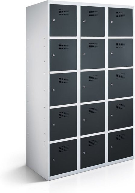 rotstahl Fächerschrank mit 15 Fächern aus Stahlblech, Korpus lichtgrau und Türen anthrazit, B/T/H: 120 x 50 x 180 cm - Bild 1