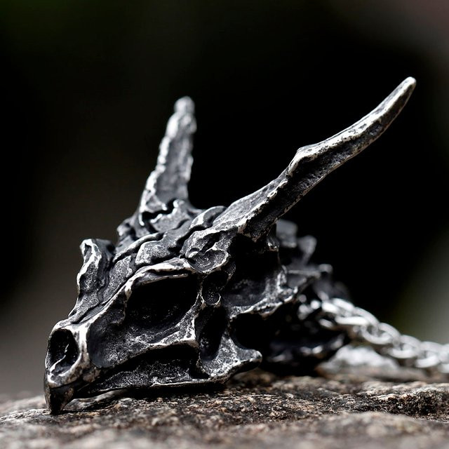 Anhänger Halskette, Viking Drachen Schädel, Edelstahl, Silber, Herren - Bild 1