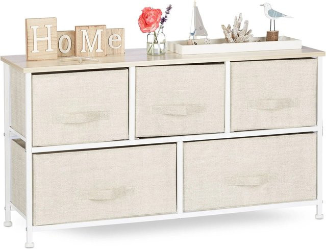 Relaxdays Regalsystem mit Schubladen aus Stahl, Stoff und MDF in Beige und Weiß - Bild 1