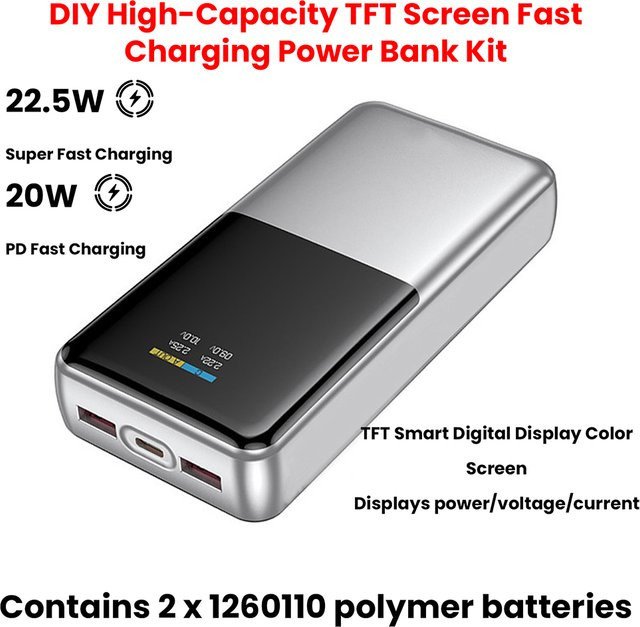 diymore Powerbank-Gehäuse mit 22,5W Schnellladung und TFT-Farbdisplay-Modul, 3,7V Lithium-Batterie Motherboard-Kit in Silber - Bild 1
