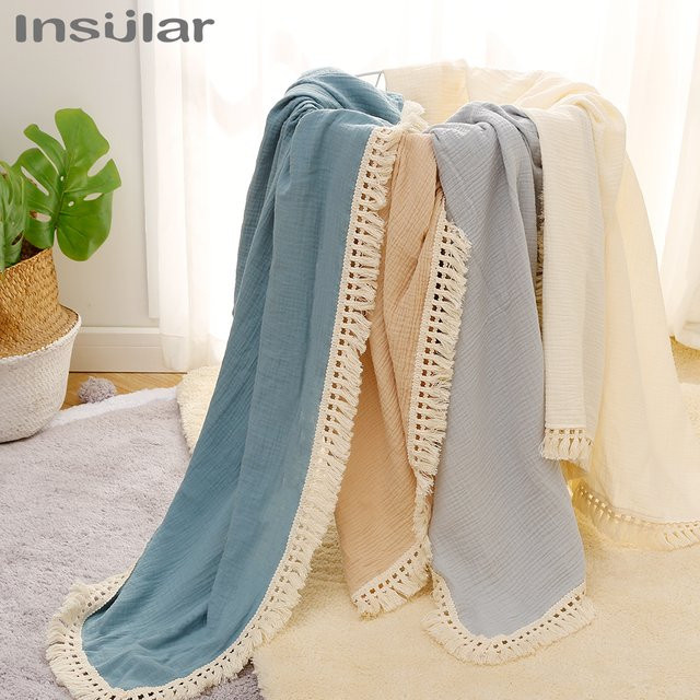 Insel Baby Gaze Decke aus Baumwolle und Musselin mit Quaste in Beige - Bild 1