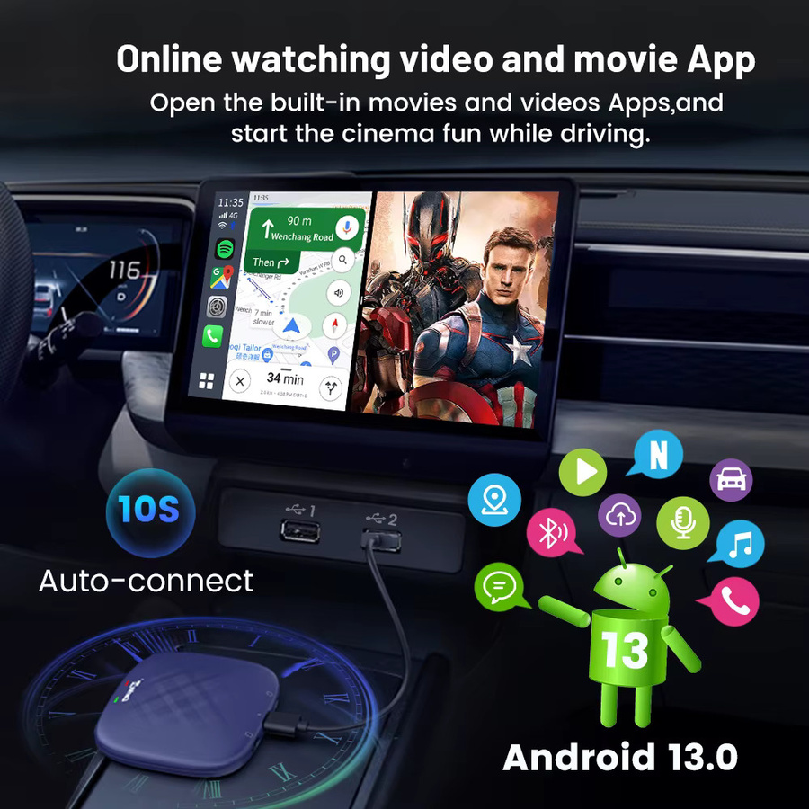 Carlinkit Plus Android 13 AI Box mit 8-Kern Prozessor für Carplay und Android Auto in Schwarz mit WLAN und Bluetooth für YouTube, Netflix, IPTV und Spotify - Bild 2