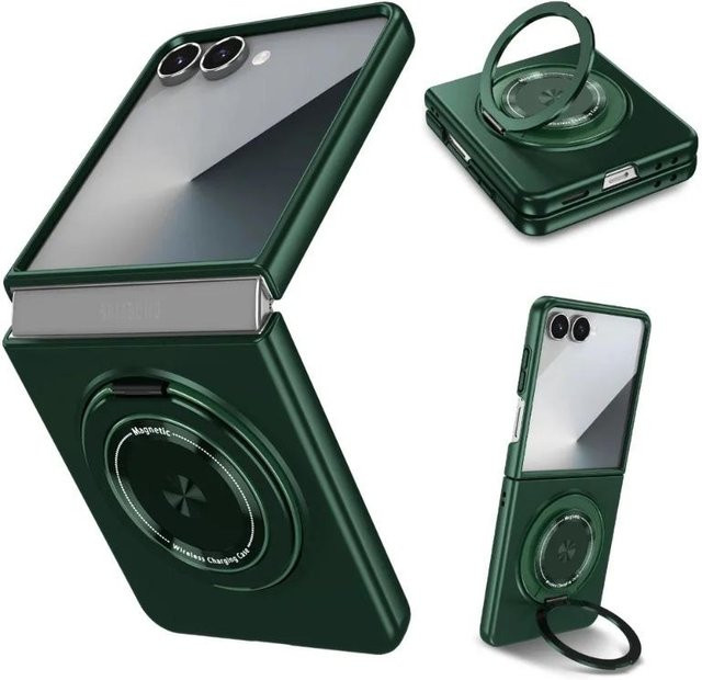 Magnetische Samsung Galaxy Z Flip Hülle mit 360 Grad drehbarem Ringhalter und Stoßschutz in Grün - Bild 1