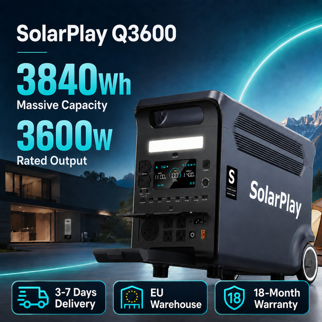 Solarplay Q3600 Tragbare Powerstation 3840Wh mit 3600W Reine Sinuswelle LiFePO4 Solargenerator in Schwarz - Bild 1