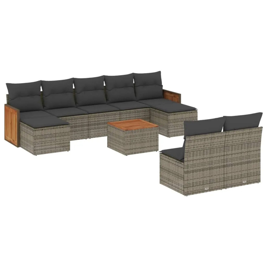 vidaXL 10-teilige Garten-Sofagarnitur aus Poly-Rattan und Akazienholz in Grau mit Kissen - Bild 2