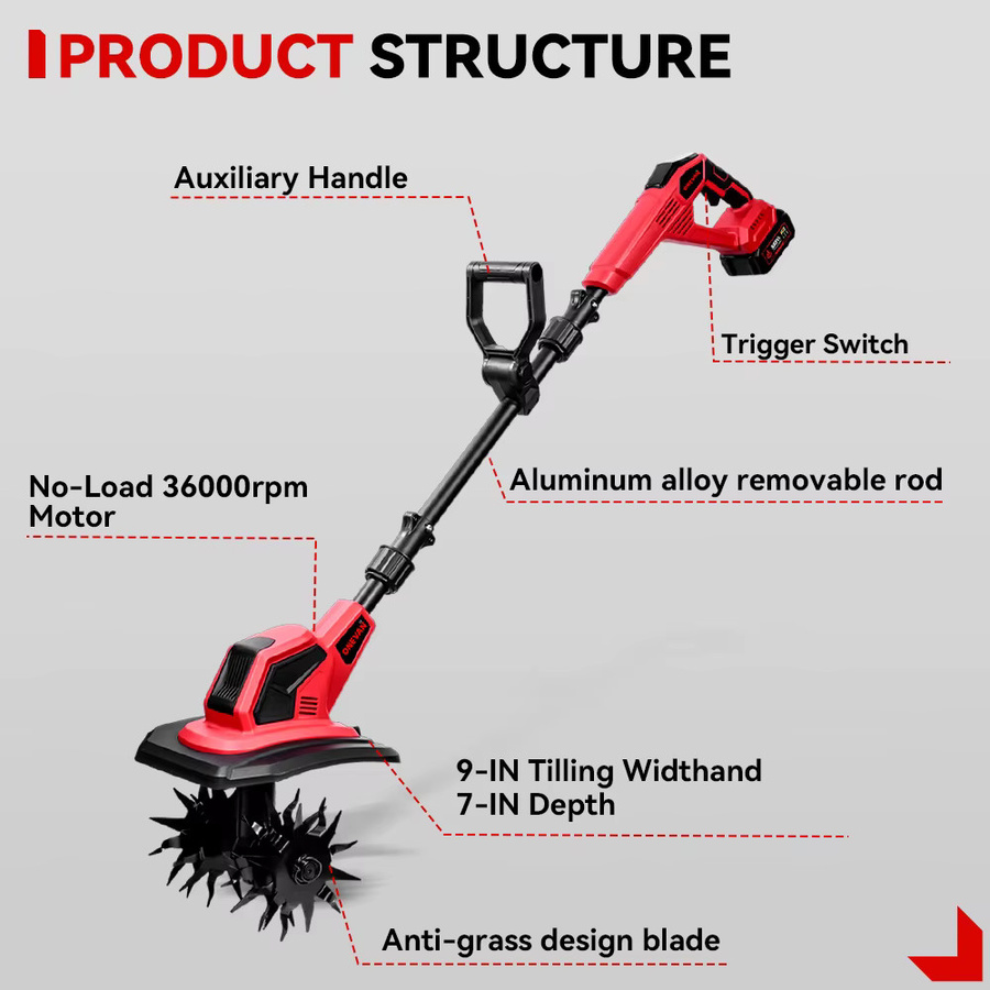 ONEVAN Elektrische Bodenfräse Rototiller 4000W in Rot für Makita 18V Akku LXT - Bild 3