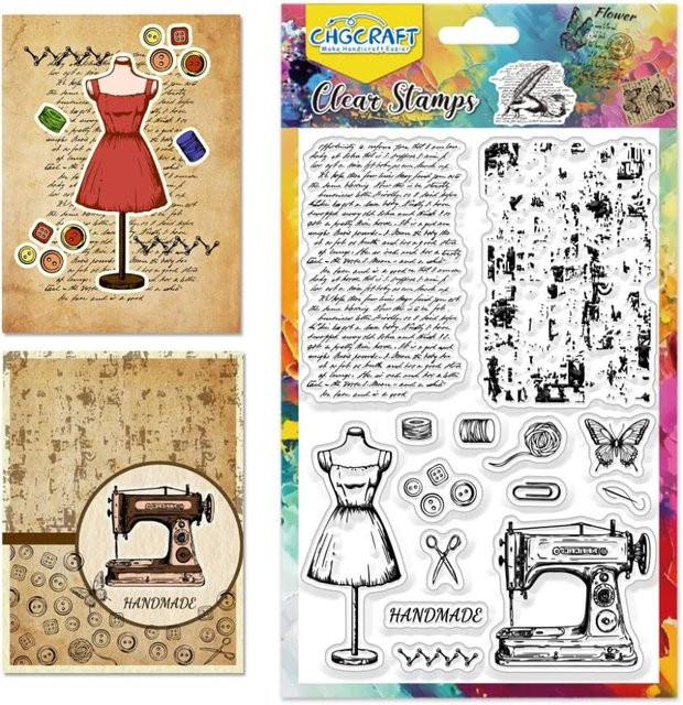 Transparente Silikonstempel im Vintage-Nähtext-Design mit Schaufensterpuppe und Nähmaschine für Karten und Siegel - Bild 1