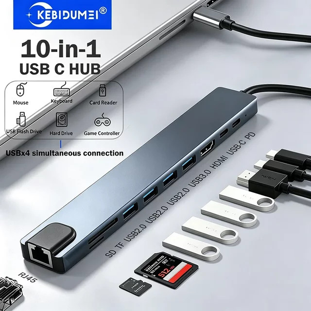 KEBIDUMEI 10-in-1 USB-C Dockingstation in Grau mit 4K HDMI, Ethernet, PD 100W, 4 USB-Anschlüssen sowie SD und TF Kartenleser für Laptop und MacBook Pro Air - Bild 1