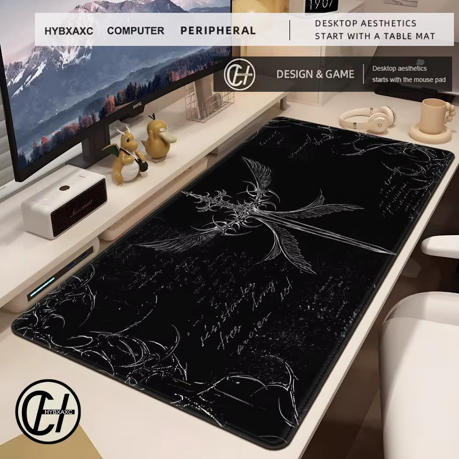 HYBXAXC XXL Mauspad mit gotischem Schwertkunst-Design in Schwarz, rutschfestes Gummi-Mauspad für Computer und Tastatur - Bild 2
