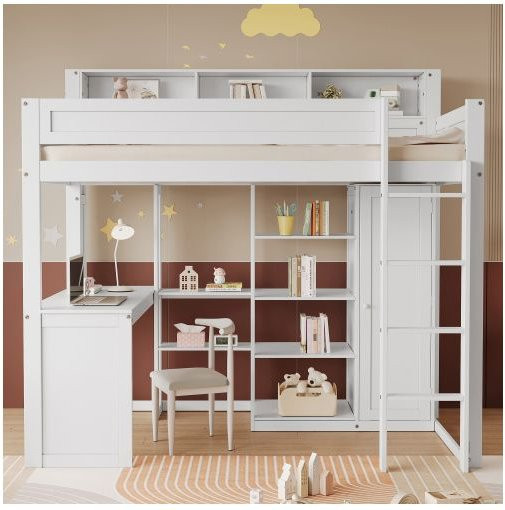Etagenbett MUVOE für Kinder in Weiß mit Tisch, Schrank und Rausfallschutz, B/T/H: 90 x 200 cm - Bild 1