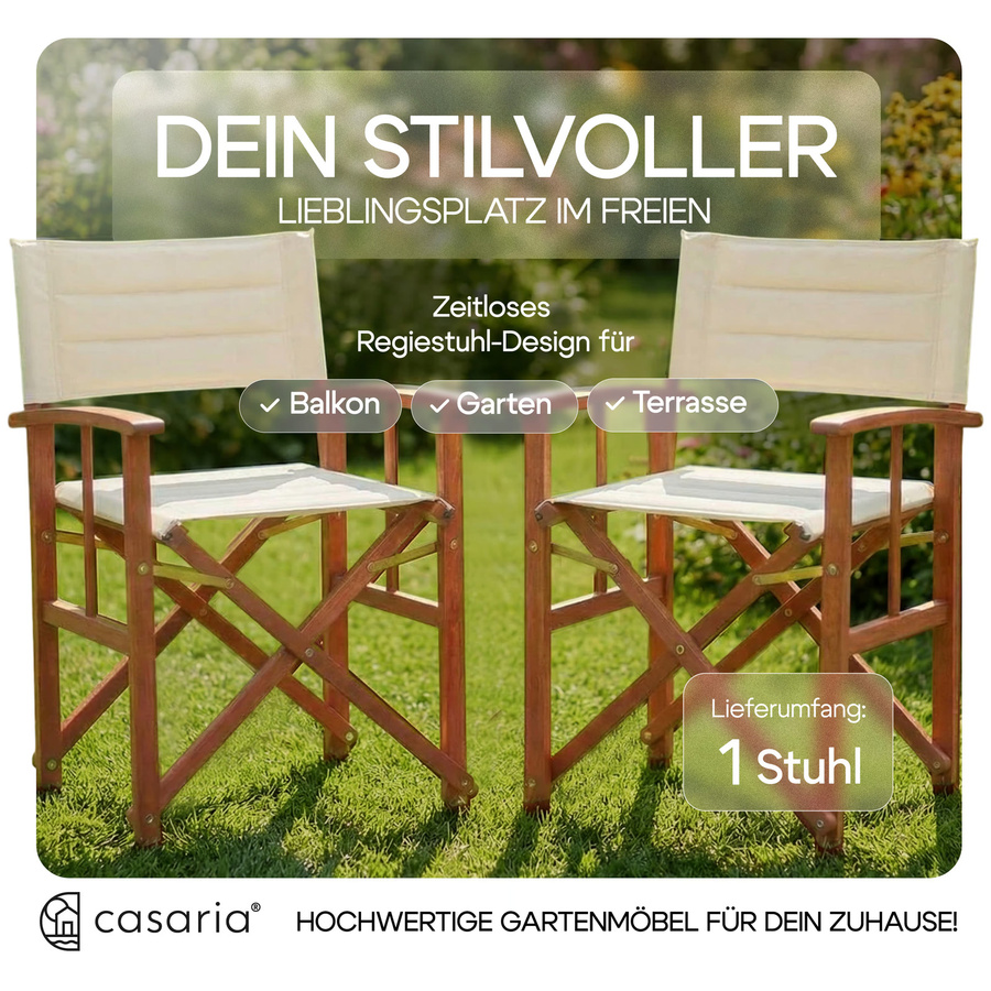 CASARIA Regiestuhl Premium in Beige aus Eukalyptusholz mit gepolsterten Armlehnen und UV-beständigem Polyesterbezug - Bild 2