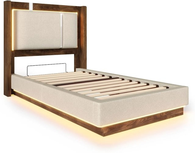 Merax Jugendbett Beige mit LED-Beleuchtung und hydraulischem Bettkasten B/T: 90 x 200 cm - Bild 1