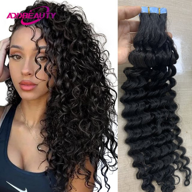Addbeauty Deep Wave Tape Haarverlängerung, brasilianisches Echthaar, Damen - Bild 1