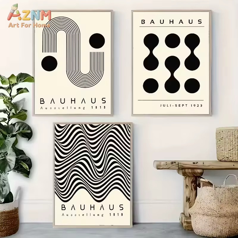 AZNM Bauhaus Geometrischer Leinwand-Wandkunstdruck in Schwarz und Beige mit abstraktem Retro-Design - Bild 4