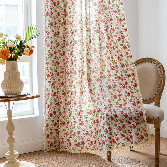 YT Daily Necessities Boho Kurzvorhang aus Baumwolle und Leinen mit floralem Muster und Quastenbesatz in Weiß, H: 170 cm, B: 150 cm - Bild 1