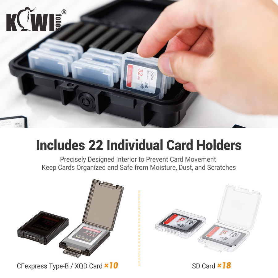 KIWIFOTOS Speicherkartenetui Set in Schwarz mit 1 hartem Etui und 22 transparenten Kartenetuis für 10 CFexpress Typ B oder XQD Karten sowie 12 SD Karten - Bild 2