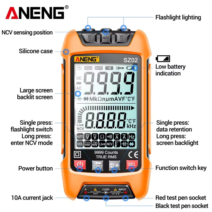 ANENG SZ02 Digitales Multimeter mit 9999 Anzeige für AC/DC Spannung, Strom, Temperatur, Kapazität und NCV Null-Leiter-Tester mit HD-Hintergrundbeleuchtung - Bild 5