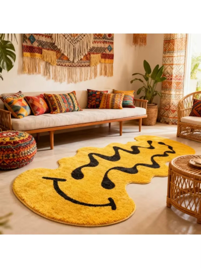 VIKAMA Abstrakter Teppich mit Smiley-Gesicht-Aufdruck in Gelb, rutschfest und schmutzabweisend für Wohnzimmer, Schlafzimmer und Flur - Bild 5