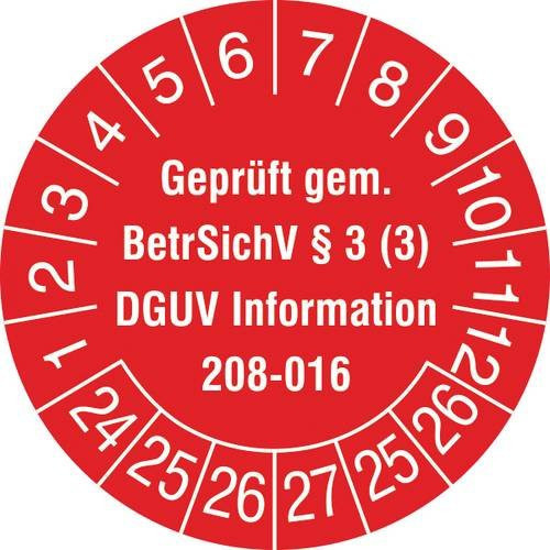 SafetyMarking Prüfplakette 30.C2170.24-29 Geprüft gem. BetrSichV §3 (3) und DGUV Information 208-016 Rot/Weiß Folie - Bild 1