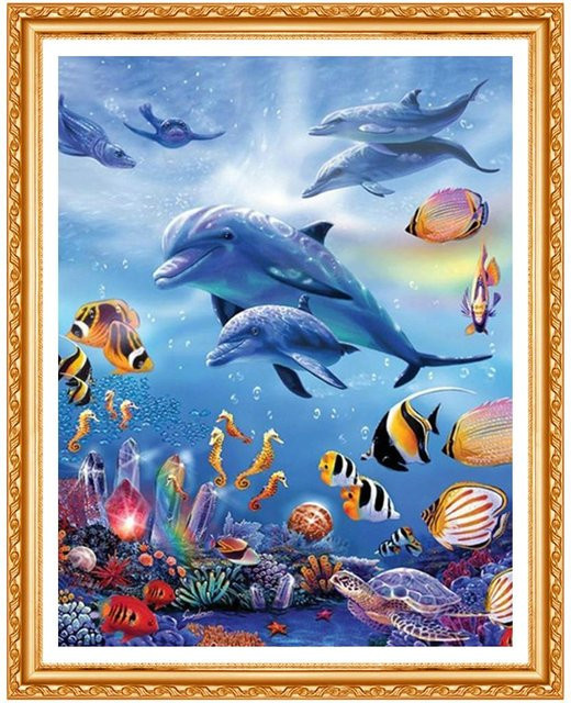 FIYO Diamant-Stickerei Meeresboden-Tiere als Bild mit Strass in Blau, Breite: 20 cm, Höhe: 30 cm - Bild 1