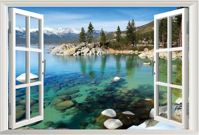 Hoom decor 3D Wandaufkleber Berg Wald Landschaft als Falsches Fenster für Wohnzimmer und Schlafzimmer, Breite: 57 cm, Höhe: 90 cm - Bild 1