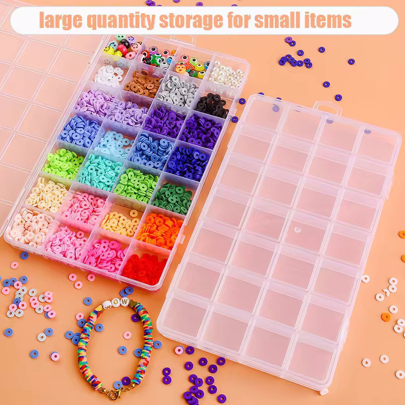 QIAO Schmuck-Aufbewahrungsbox aus Kunststoff mit 28 Gittern, transparenter Perlen-Organizer für Accessoires und Kleinteile, B: 22,3 cm, T: 13,2 cm - Bild 3