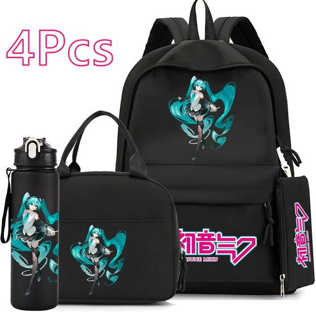 4er-Set CRAZY FLY HS1 Anime Hatsune Miku Accessoires aus Canvas in Schwarz bestehend aus Rucksack, Handtasche, Federmäppchen und 750 ml Wasserflaschenhalter für Teenager - Bild 1