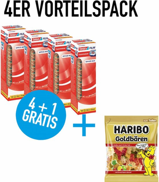 tesa tesafilm Klebefilm transparent Office-Box, 10er Pack, Breite: 15 mm, Länge: 10 m, inklusive Haribo Goldbären 175 g - Bild 1