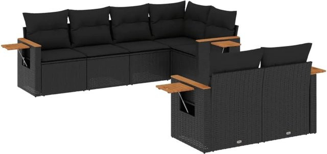 vidaXL 7-tlg Garten-Sofagarnitur aus Poly-Rattan und Akazienholz in Schwarz mit Kissen - Bild 1