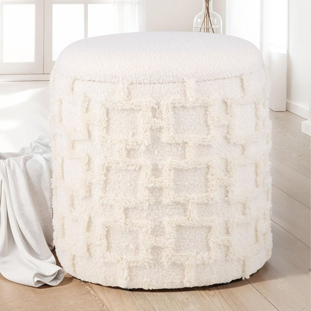 FineBuy Sitzhocker mit Stauraum Ottoman aus Stoff in Creme, Rund, Durchmesser: 40 cm, Höhe: 45 cm - Bild 1