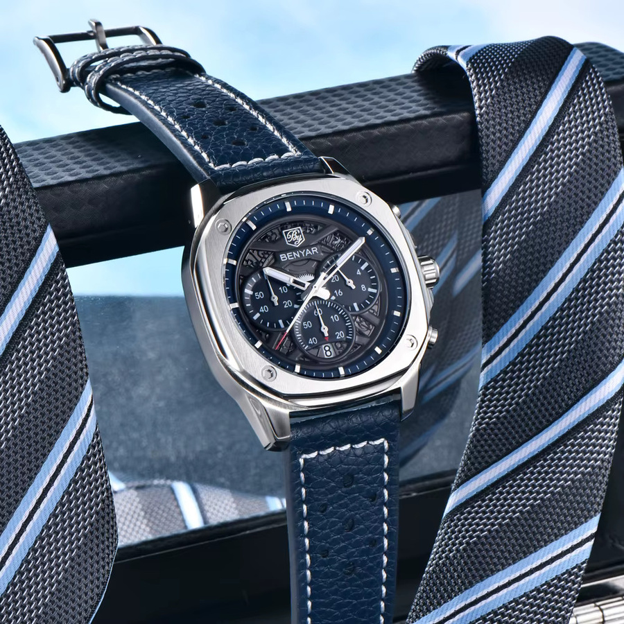 BENYAR Chronograph, Quarz, Edelstahl, Leder, Schwarz, Herren - Bild 4
