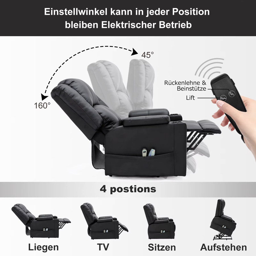 COMHOMA Elektrischer Aufstehsessel in Schwarz mit Liegefunktion und Massagefunktion als Relax- und Fernsehsessel für ältere Menschen - Bild 4
