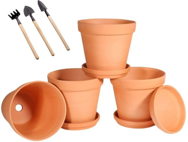 4er-Pack Terrakotta-Töpfe mit Untertassen und Mini-Pflanzwerkzeugen in Orange und Braun für Sukkulenten und Zimmerpflanzen - Bild 1
