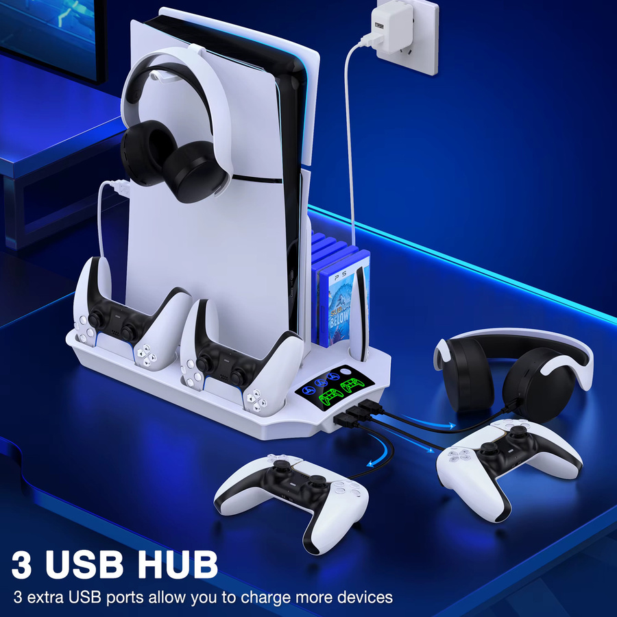 BEBONCOOL Kühlständer für PS5, PS5 Slim und PS5 Pro mit Kopfhörerhaken, Controller-Ladegerät und 3-stufigem Lüfter, Farbe: Weiß - Bild 5