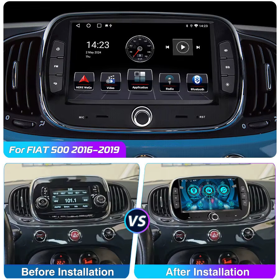 ESSGOO Android 14 Auto Stereo für FIAT 500 (2016-2019) mit 7 Zoll Display, 64GB, Wireless CarPlay, Android Auto, GPS, Bluetooth, WiFi und Rückfahrkamera-Unterstützung, Schwarz - Bild 3