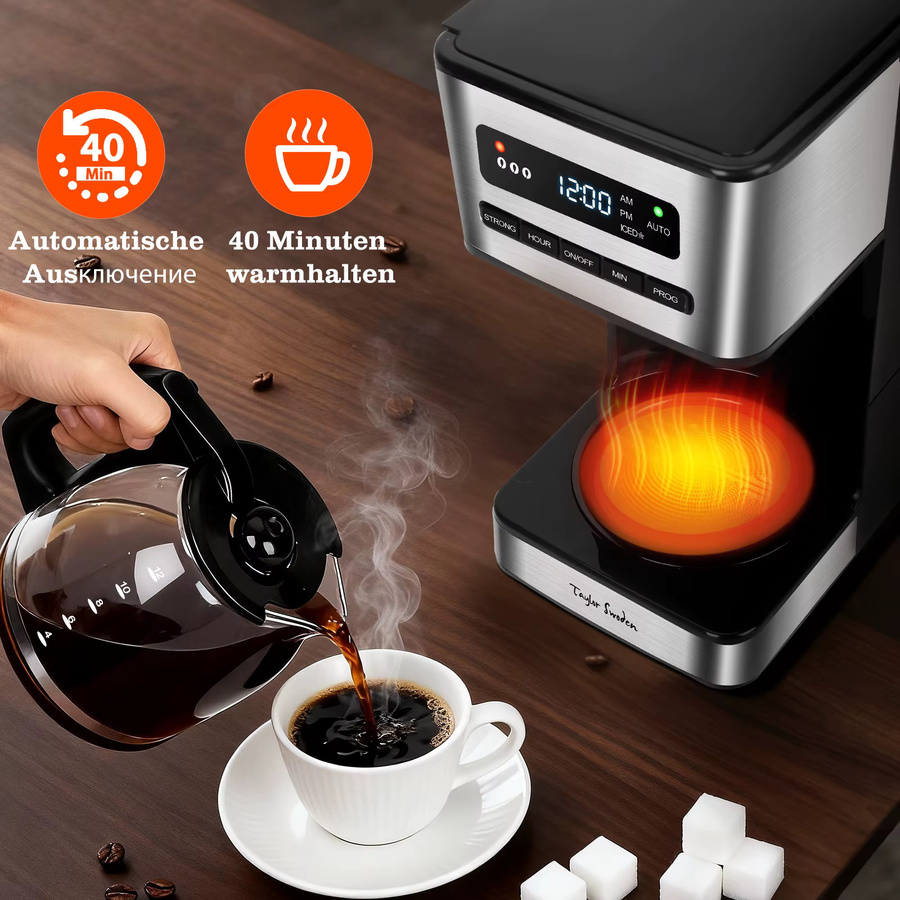 Taylor Swoden Filterkaffeemaschine mit Glaskanne, Schwarz, 1,8 l, mit 24H Timer, Eiskaffee-Modus und 3-stufiger Stärkeauswahl - Bild 2