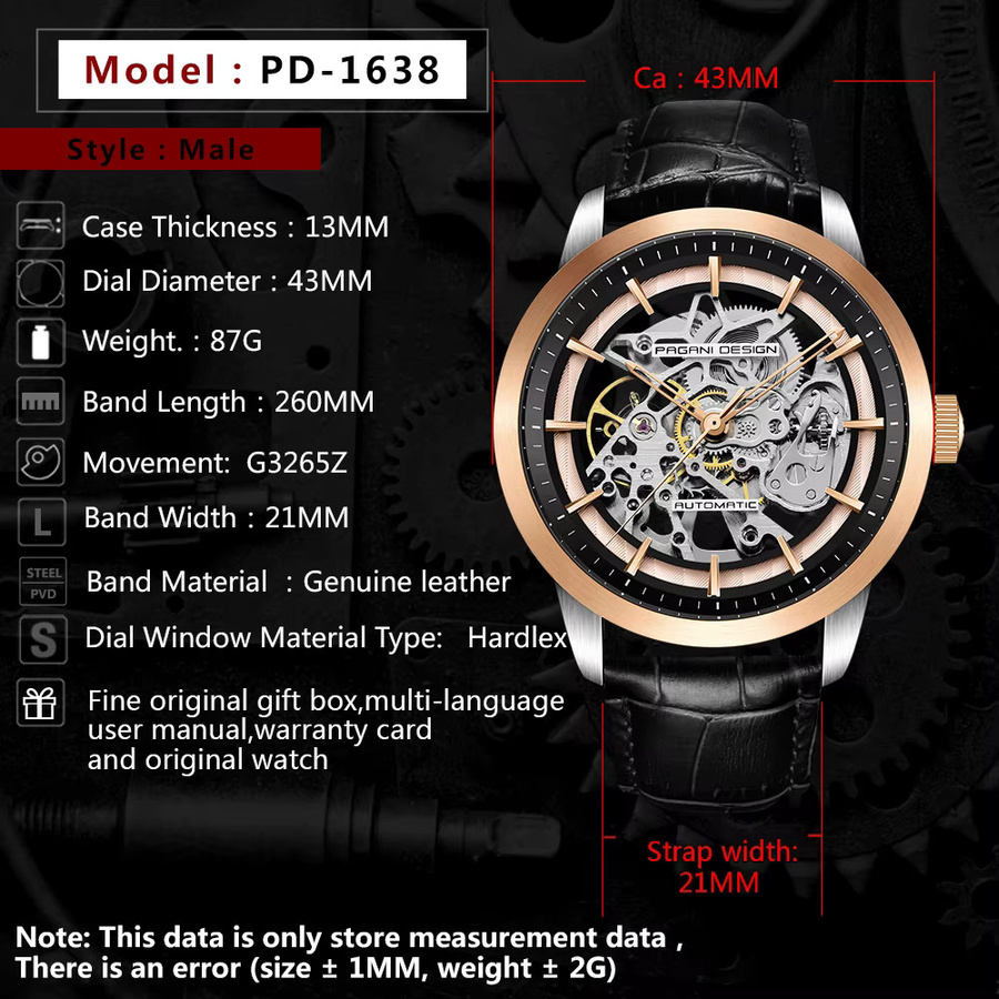 Pagani Design Armbanduhr, Automatik, Edelstahl, Leder, 43 mm, Herren - Bild 6