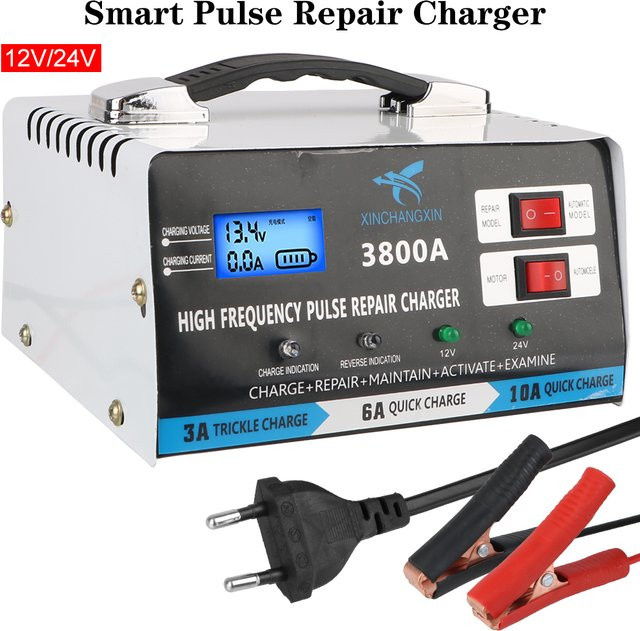 Vollautomatisches Schnell-Ladegerät für 12V und 24V Blei-Säure-Batterien in Silber mit EU-Stecker - Bild 1
