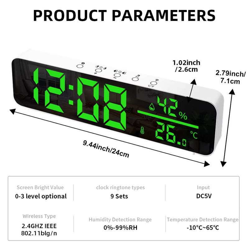 Tuya WiFi LED Desktop Wecker mit Temperatur- und Feuchtigkeitssensor, Spiegel-Display und USB-Anschluss, Weiß - Bild 6