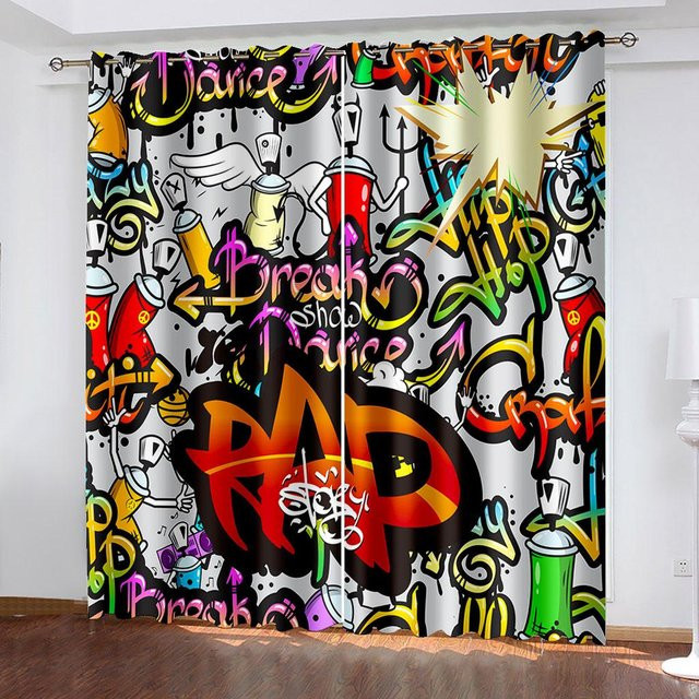 Abstrakter Graffiti Vorhang mit 3D-Digitaldruck für Wohnzimmer und Schlafzimmer, halbtransparent, Multicolour, B: 173 cm, H: 214 cm - Bild 1